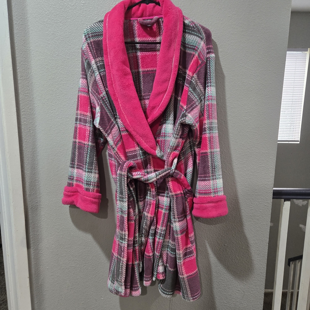 Pink and Gray Plaid Fleece Robe